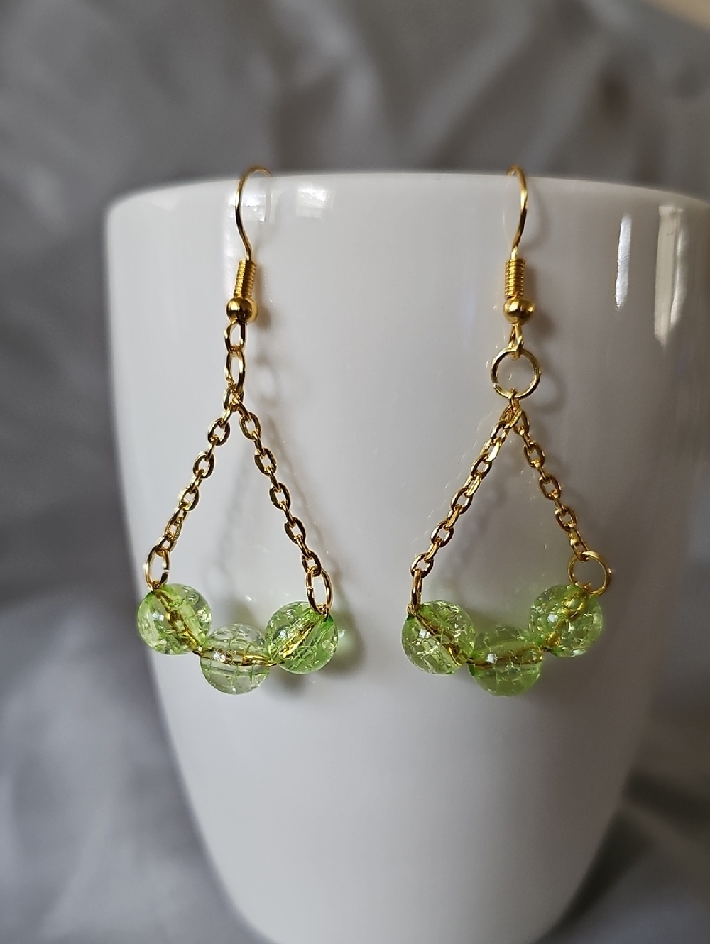 Gold Chain Earrings with Light Green Beads